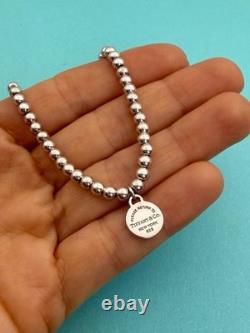 Tiffany & Co Sterling Silver & Blue Enamel Round Tag Mini Bead Bracelet 7.5