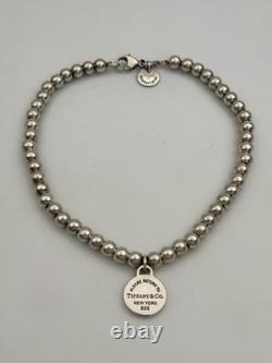 Tiffany & Co Sterling Silver & Blue Enamel Round Tag Mini Bead Bracelet 7.5