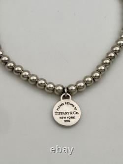 Tiffany & Co Sterling Silver & Blue Enamel Round Tag Mini Bead Bracelet 7.5