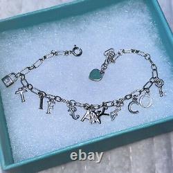 Tiffany & Co Sterling Silver Blue Enamel TIFFANY&CO Charm Bracelet 7.5 Box &bag