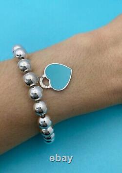 Tiffany & Co Sterling Silver & Blue EnamelHeart Tag 8mm Bead Bracelet 7