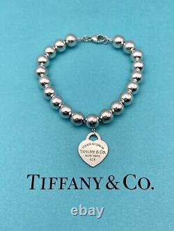 Tiffany & Co Sterling Silver & Blue EnamelHeart Tag 8mm Bead Bracelet 7