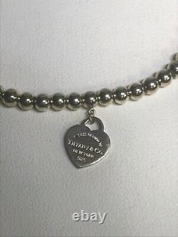Tiffany & Co. Sterling Silver Please Return Blue Enamel Heart Bead Bracelet 6.75