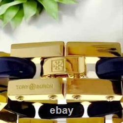 Tory Burch Chunky Statement Gold Tone Bracelet in Blue Enamel Inlay