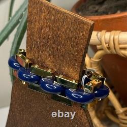 Tory Burch Logo Link Chunky Bangle Bracelet Blue Gold Enamel Chain NWT MSRP $299