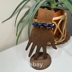 Tory Burch Logo Link Chunky Bangle Bracelet Blue Gold Enamel Chain NWT MSRP $299