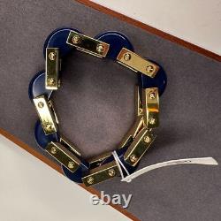Tory Burch Logo Link Chunky Bangle Bracelet Blue Gold Enamel Chain NWT MSRP $299