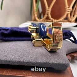Tory Burch Logo Link Chunky Bangle Bracelet Blue Gold Enamel Chain NWT MSRP $299