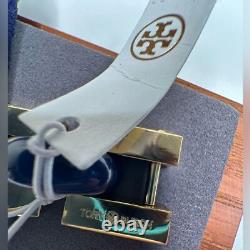Tory Burch Logo Link Chunky Bangle Bracelet Blue Gold Enamel Chain NWT MSRP $299