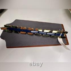 Tory Burch Logo Link Chunky Bangle Bracelet Blue Gold Enamel Chain NWT MSRP $299