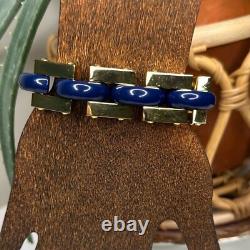 Tory Burch Logo Link Chunky Bangle Bracelet Blue Gold Enamel Chain NWT MSRP $299