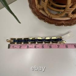 Tory Burch Logo Link Chunky Bangle Bracelet Blue Gold Enamel Chain NWT MSRP $299
