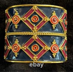Tory Burch Vintage Navy Blue Red Gold Geometric Enamel Metal Cuff Bracelet