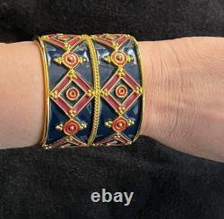 Tory Burch Vintage Navy Blue Red Gold Geometric Enamel Metal Cuff Bracelet