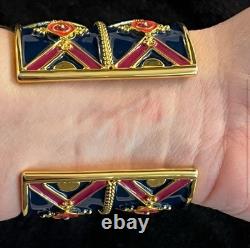 Tory Burch Vintage Navy Blue Red Gold Geometric Enamel Metal Cuff Bracelet