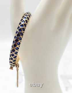 Trifari Mogul Style Blue Enamel Gold Tone Bangle Bracelet With Safety Chain