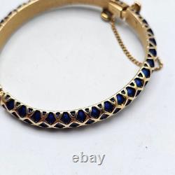 Trifari Mogul Style Blue Enamel Gold Tone Bangle Bracelet With Safety Chain