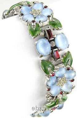 Trifari Philippe Blue Moonstone Flowers Enamel Leaves Ruby Baguettes Bracelet