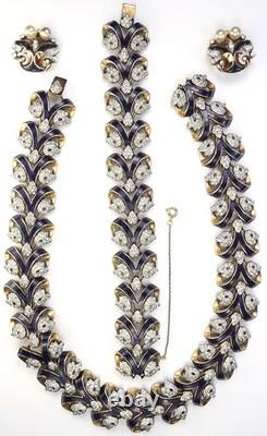 Trifari Philippe Empress Eugenie Blue Enamel Bows Necklace Bracelet Earrings Set
