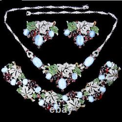 Trifari Philippe Enamel Blue Moonstone Ruby Floral Necklace Bracelet Clips Set