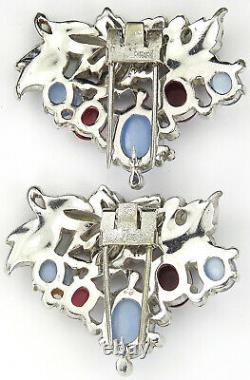 Trifari Philippe Enamel Blue Moonstone Ruby Floral Necklace Bracelet Clips Set