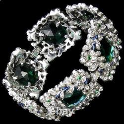 Trifari Philippe Pave Faceted Emeralds Blue Enamel Scrolls Flowers Wide Bracelet