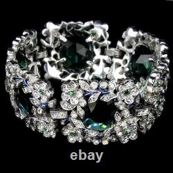 Trifari Philippe Pave Faceted Emeralds Blue Enamel Scrolls Flowers Wide Bracelet