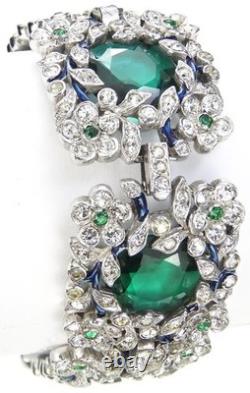 Trifari Philippe Pave Faceted Emeralds Blue Enamel Scrolls Flowers Wide Bracelet