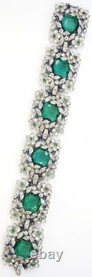 Trifari Philippe Pave Faceted Emeralds Blue Enamel Scrolls Flowers Wide Bracelet