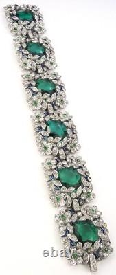Trifari Philippe Pave Faceted Emeralds Blue Enamel Scrolls Flowers Wide Bracelet