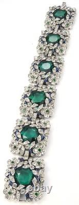 Trifari Philippe Pave Faceted Emeralds Blue Enamel Scrolls Flowers Wide Bracelet