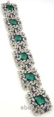 Trifari Philippe Pave Faceted Emeralds Blue Enamel Scrolls Flowers Wide Bracelet