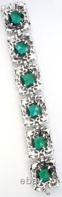 Trifari Philippe Pave Faceted Emeralds Blue Enamel Scrolls Flowers Wide Bracelet