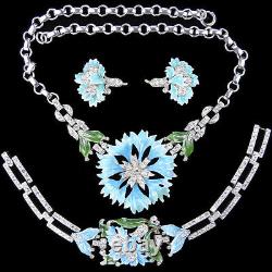 Trifari Philippe Rue de la Paix Pale Blue Flower Necklace, Bracelet Earrings Set