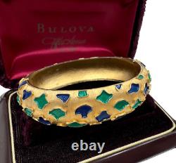 Trifari Signed Vintage Elegant Bracelet Matte Gold Blue Green Leopard Enamel