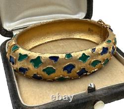 Trifari Signed Vintage Elegant Bracelet Matte Gold Blue Green Leopard Enamel