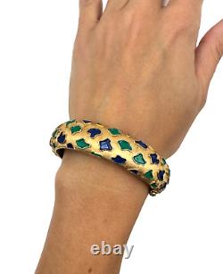 Trifari Signed Vintage Elegant Bracelet Matte Gold Blue Green Leopard Enamel