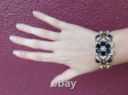Trifari Vintage Empress Eugenie Blue Rhinestone Enamel Gold Pave Flower Bracelet