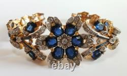 Trifari Vintage Empress Eugenie Blue Rhinestone Enamel Gold Pave Flower Bracelet