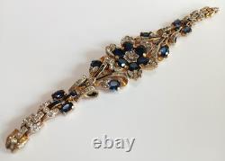 Trifari Vintage Empress Eugenie Blue Rhinestone Enamel Gold Pave Flower Bracelet