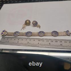 Turkish Anatoli Jewelry Blue Enamel & Sterling Silver Earrings & Bracelet Set