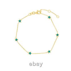 Turquoise Enamel Star Station Bracelet Real 14K Yellow Gold 7.25