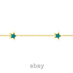 Turquoise Enamel Star Station Bracelet Real 14K Yellow Gold 7.25