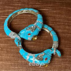 Turquoise Enamel and Rhinestone Elephant Hinged Bracelets