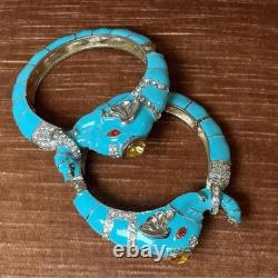 Turquoise Enamel and Rhinestone Elephant Hinged Bracelets
