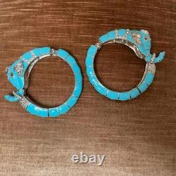 Turquoise Enamel and Rhinestone Elephant Hinged Bracelets