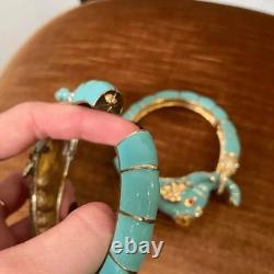 Turquoise Enamel and Rhinestone Elephant Hinged Bracelets