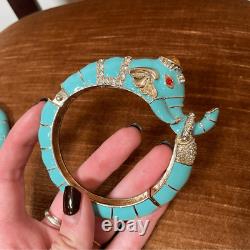 Turquoise Enamel and Rhinestone Elephant Hinged Bracelets