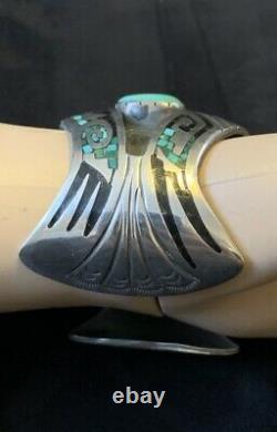Turquoise Gibson Gene Navajo Cuff Sterling Silver and Enamel Large