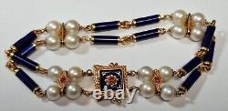 Unoaerre 18K Gold Blue Cobalt Enamel Vintage Pearls Ruby 8 Bracelet LH524